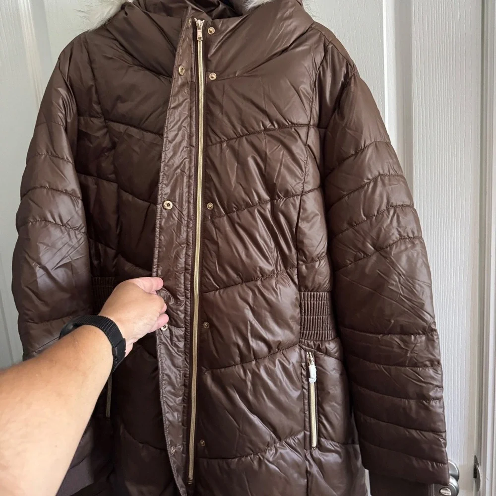 30 First Brown Puffer Parka Faux Fur Hood Cinched Waist Winter Coat Womens 3XL